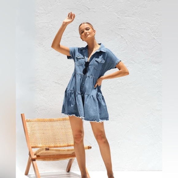 FRAYED HEM COLLARED DENIM MINI DRESS - Picture 3 of 12